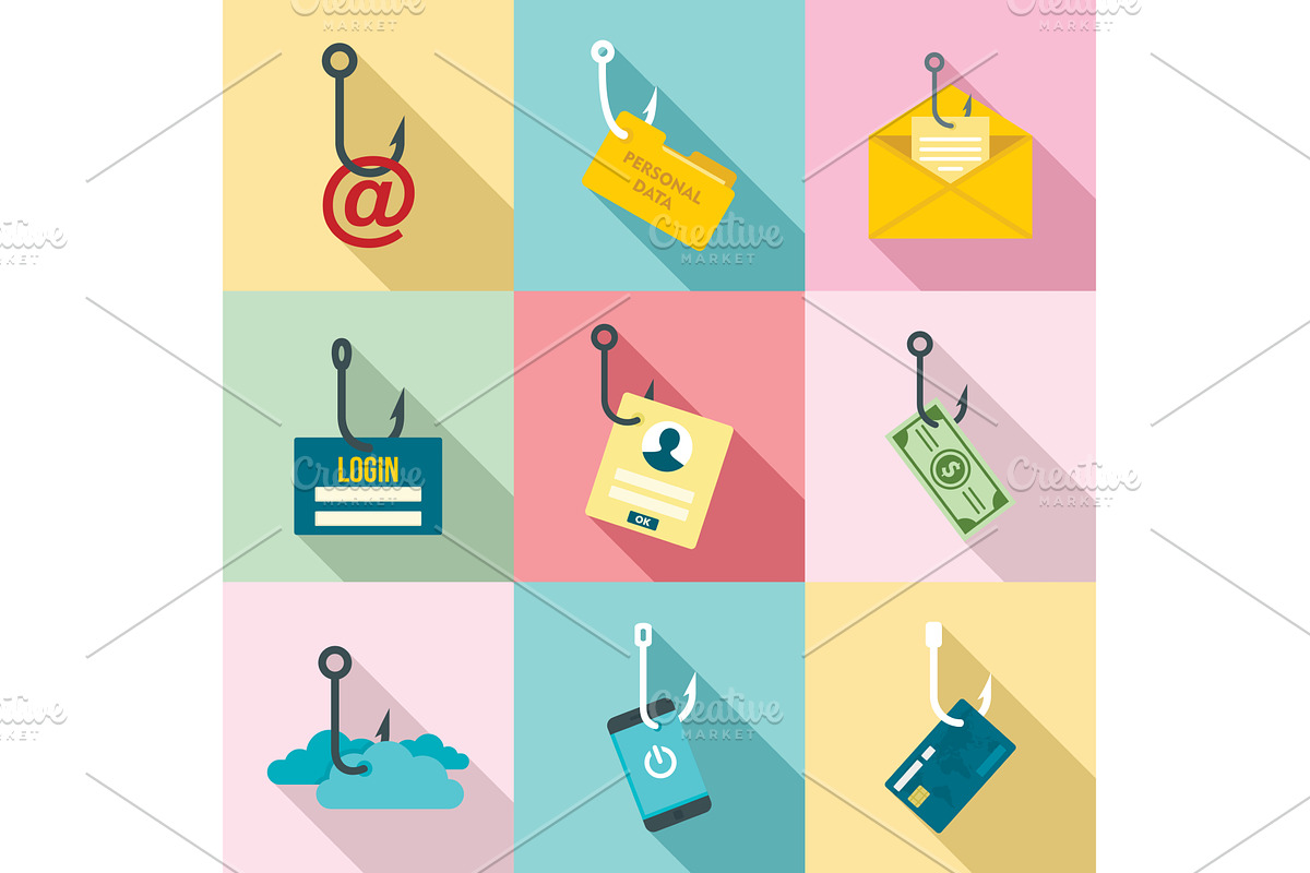 Phishing icon set, flat style, a Technology Illustration by Ylivdesign