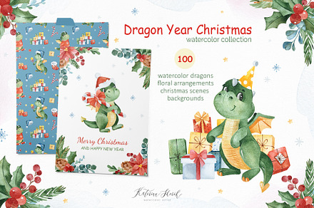 Dragon Christmas. Watercolor set.