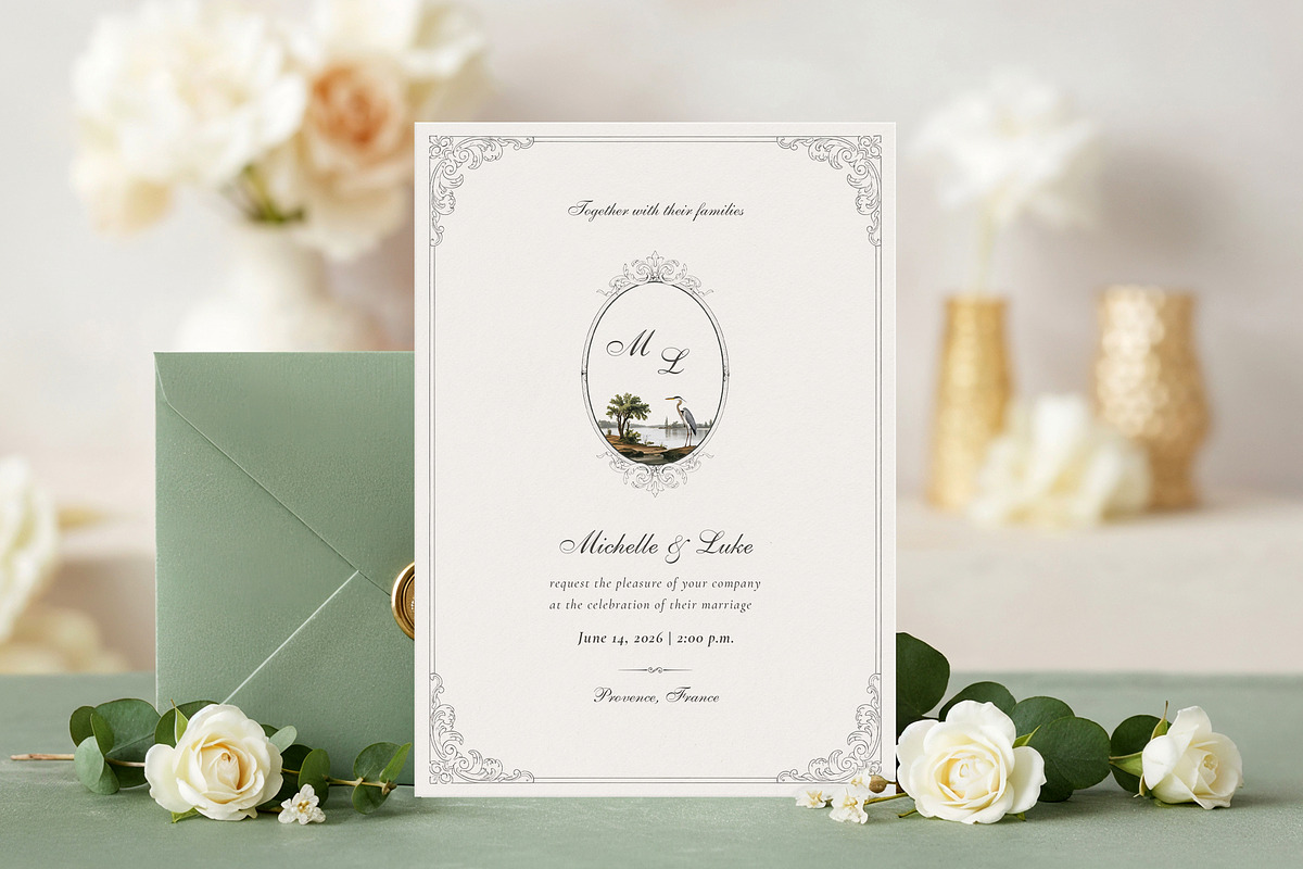 French Heron Monogram Wedding Invite, an Invitation Template by by creative paper (Photo 1 of 4)