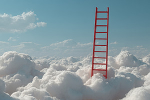 Red ladder reaching into the clouds, a Photo by Beautiful things