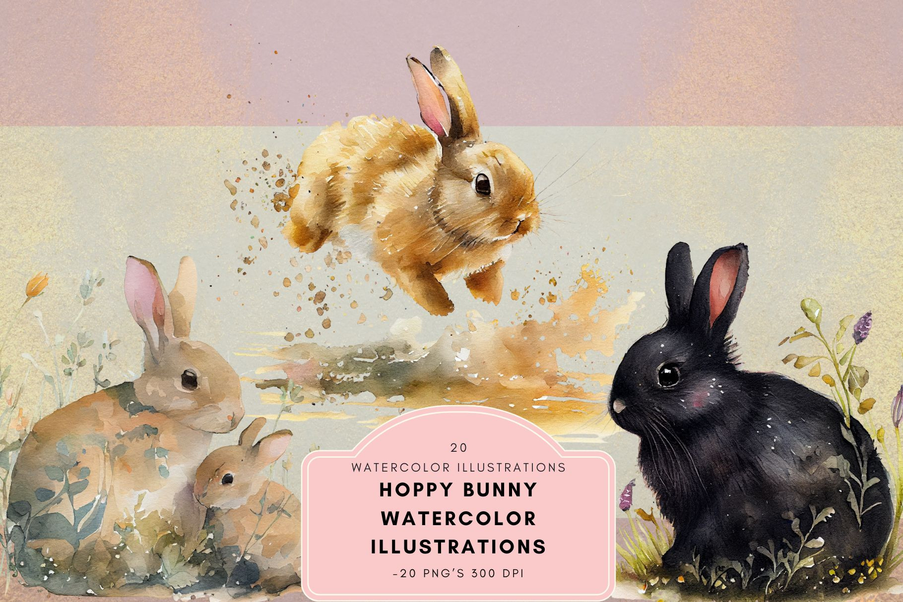 Hoppy Bunny Watercolor Clipart, an Illustration by NadiaTheronArt