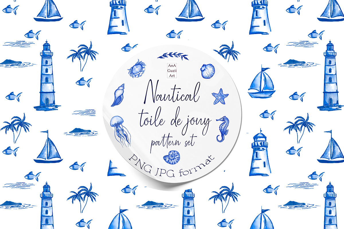 Nautical Toile de Jouy Seamless Patt, a Pattern Graphic by AnaGuziiArt (Photo 5 of 9)
