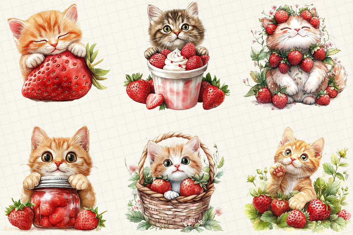 Strawberry Cat Sublimation Clipart, an Illustration by OK Design (Photo 4 of 5)