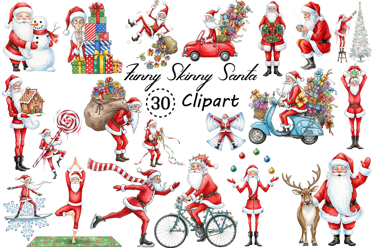 Watercolor Funny Skinny Santa Bundle, an Illustration by Creative Art (Photo 1 of 10)