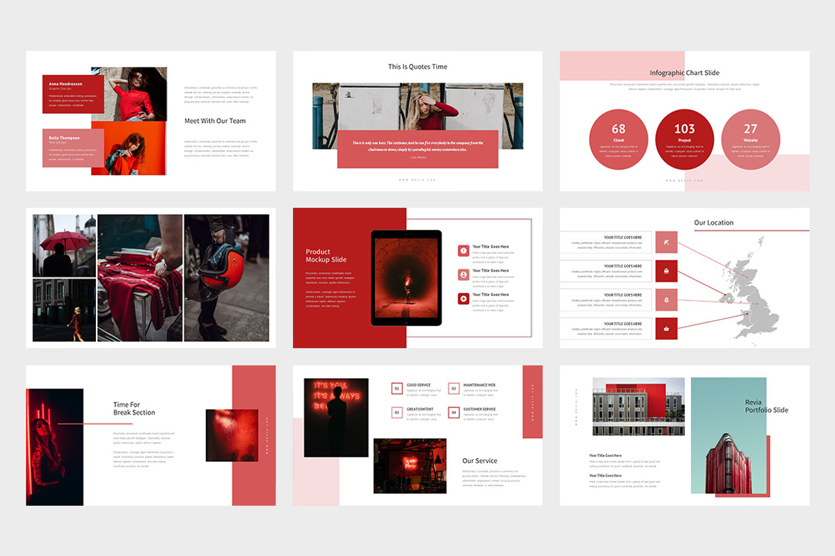 Revia : Red Color Tone Powerpoint, a Presentation Template by Punkl Camp