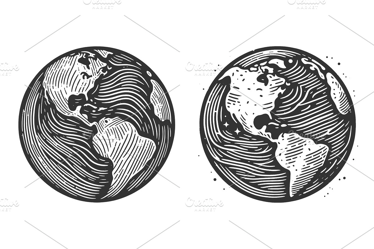Earth Globe engraving set vector, an Illustration by AlexArt