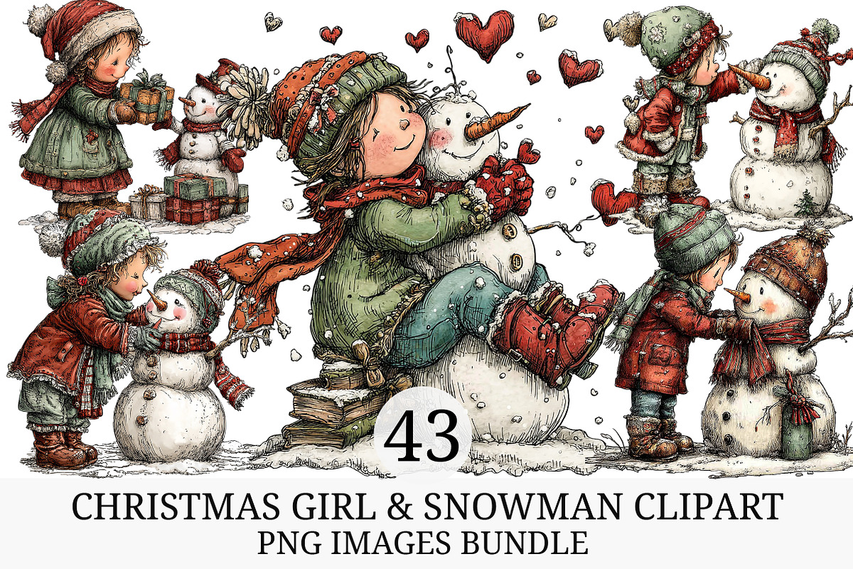 Christmas Girl & Snowman Clipart, an Illustration by Craft Nest (Photo 1 of 10)
