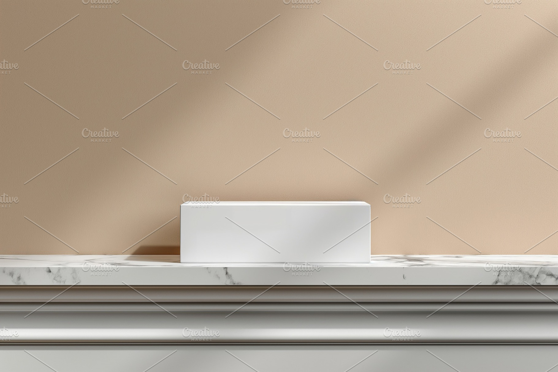 Minimalist white box on a marble shelf against a soft beige wall, highlighting, a Background Photo by ImageMir