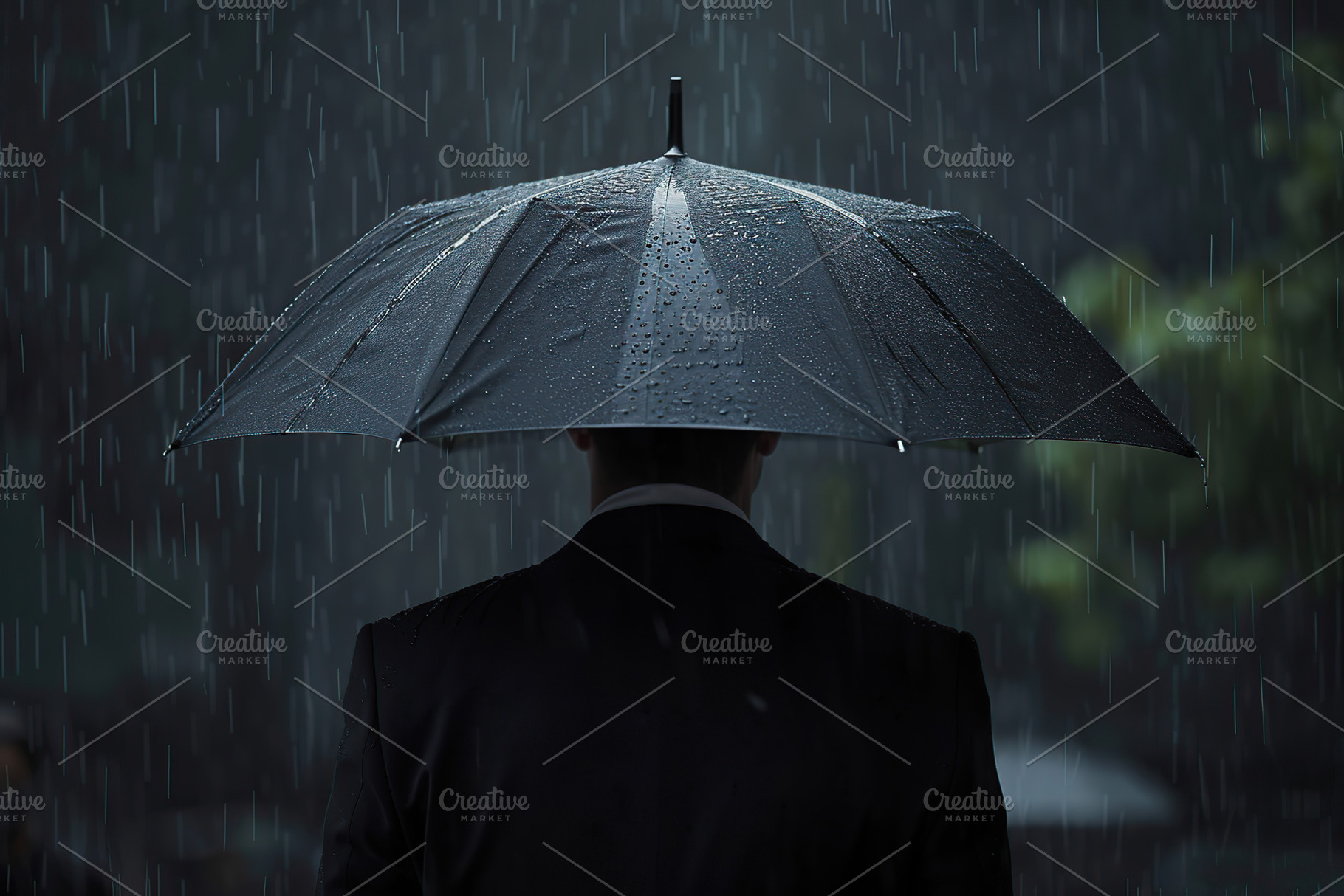 Businessman with black umbrella walking in the rain, a Business Photo by AlyaAnd
