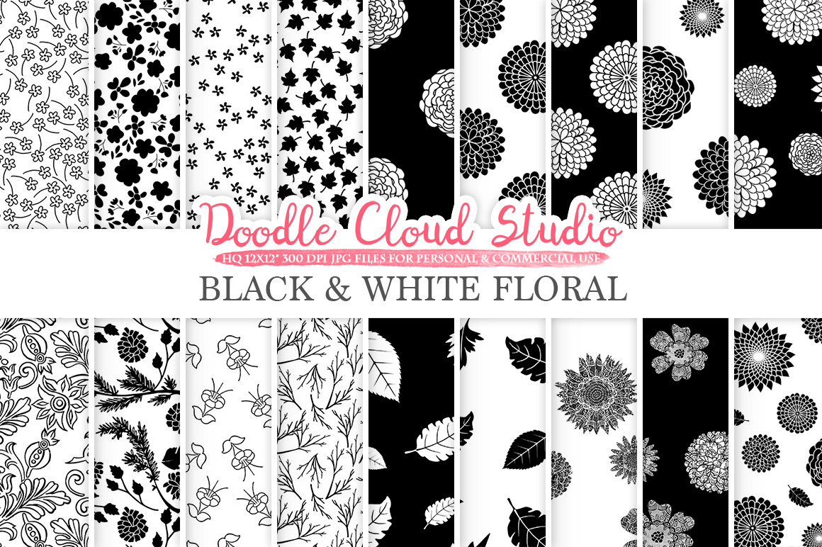 Black and White Floral digital paper, a Pattern Graphic by Doodle Cloud ...