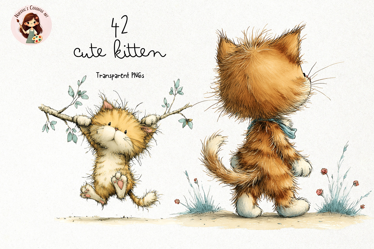 Cute Kitten Watercolor Clipart PNG, an Animal Illustration by Nicolle's Colorful Art (Photo 1 of 5)