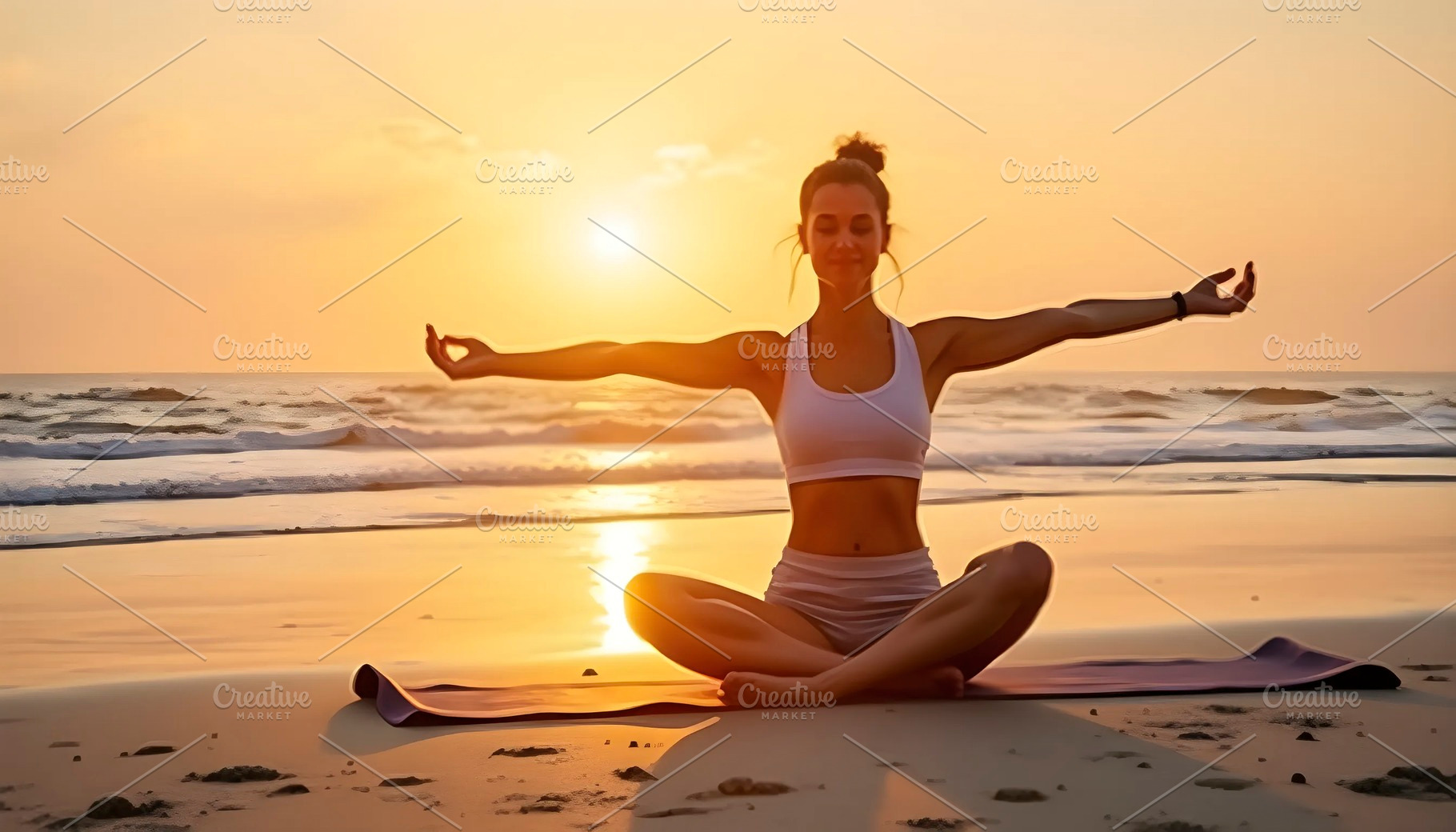 Woman Practicing Yoga On Beach At Su, a Photo by LOGOCREATIVE