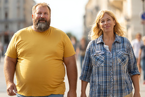 A happy overweight couple strolls through the city, a Person Photo by AlyaAnd