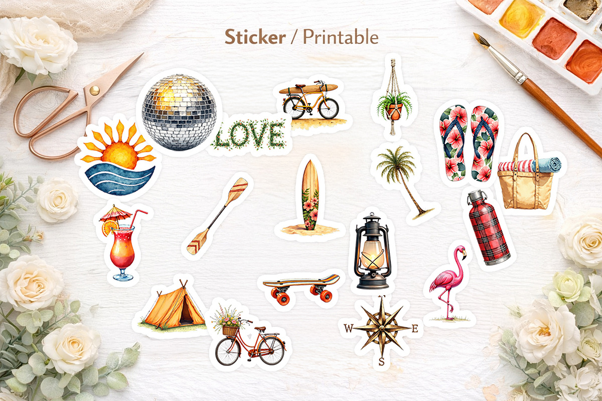 70s Retro Summer Watercolor Clipart, an Illustration by Artnoy (Photo 6 of 8)