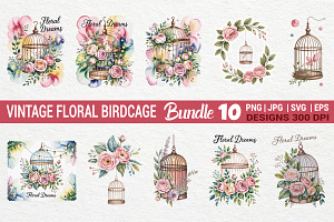 Vintage Floral Birdcage Bundle, an Illustration by Actual Pixel