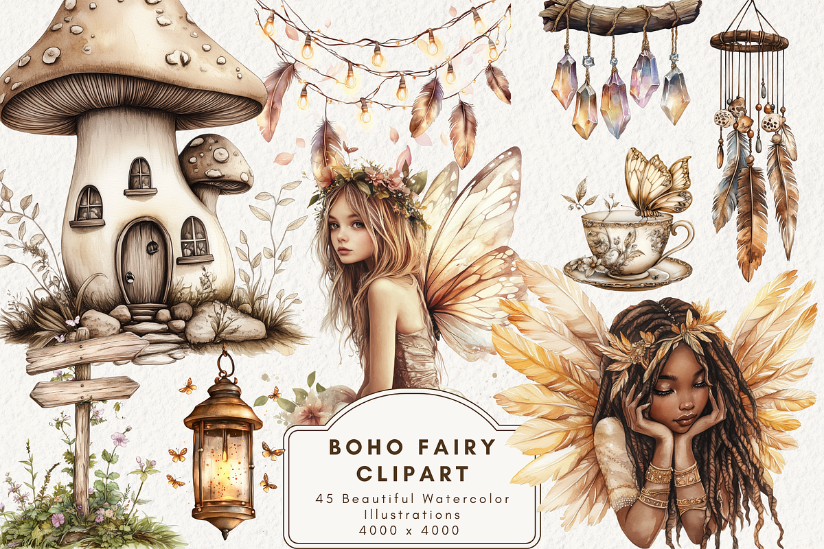 Boho Fairy Clipart, an Illustration by NadiaTheronArt (Photo 1 of 5)