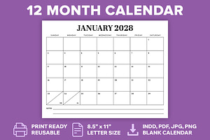 2028 8.5 x 11 Inch Calendar Template