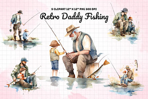 Retro Daddy Fishing Watercolor
