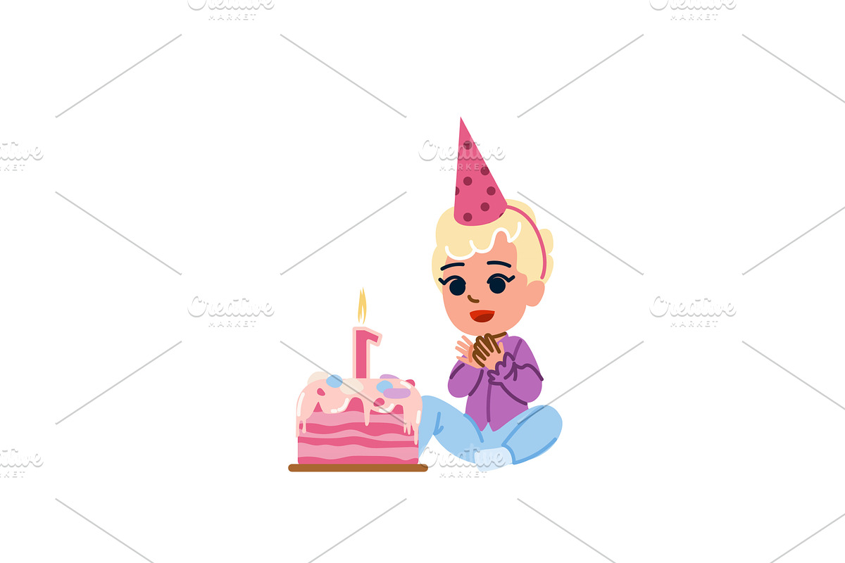Baby girl celebrating first birthday, an Illustration by pikepicture