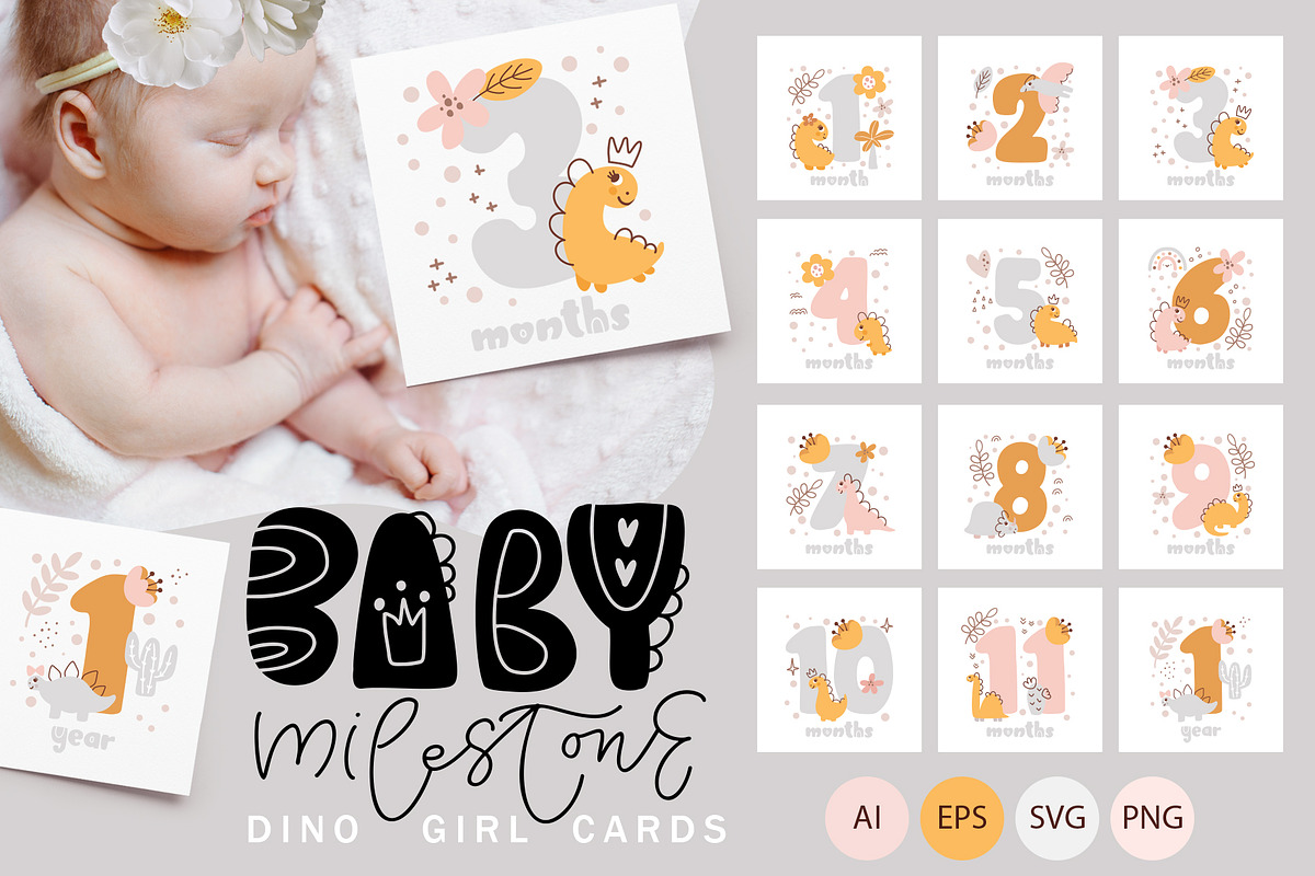 Baby Milestone Dino Girl Cards, an Object Graphic by Happy Letters (Photo 1 of 5)