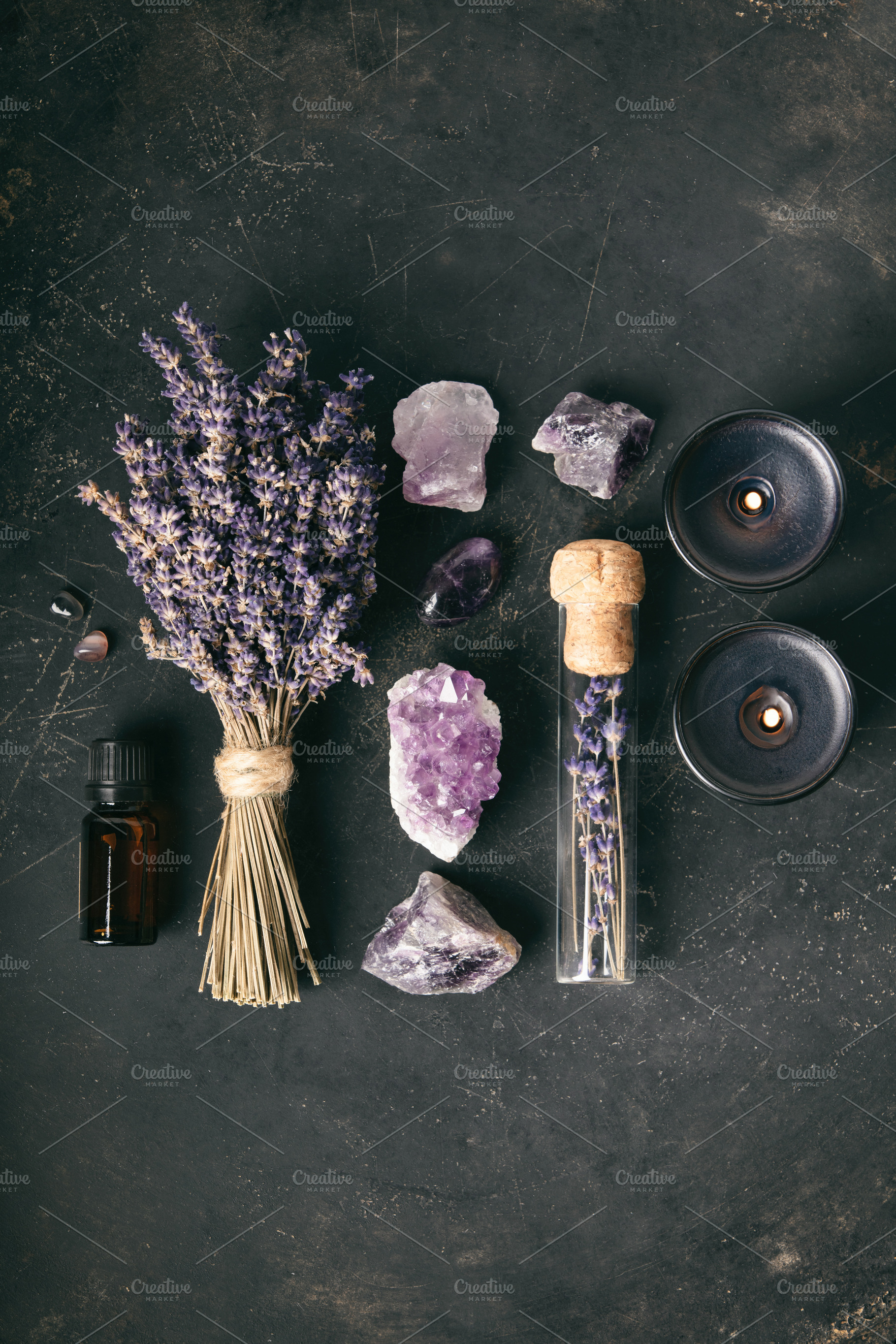 Lavender, Amethyst, and Candles for a Calming Meditation Setup, an Abstract Photo by Natalia Klenova's Shop