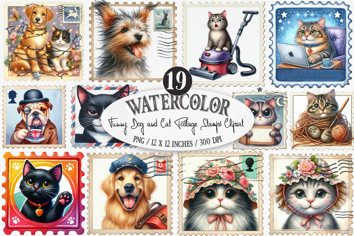 Funny Dog and Cat Postage Stamps, an Illustration by Designking (Photo 1 of 4)