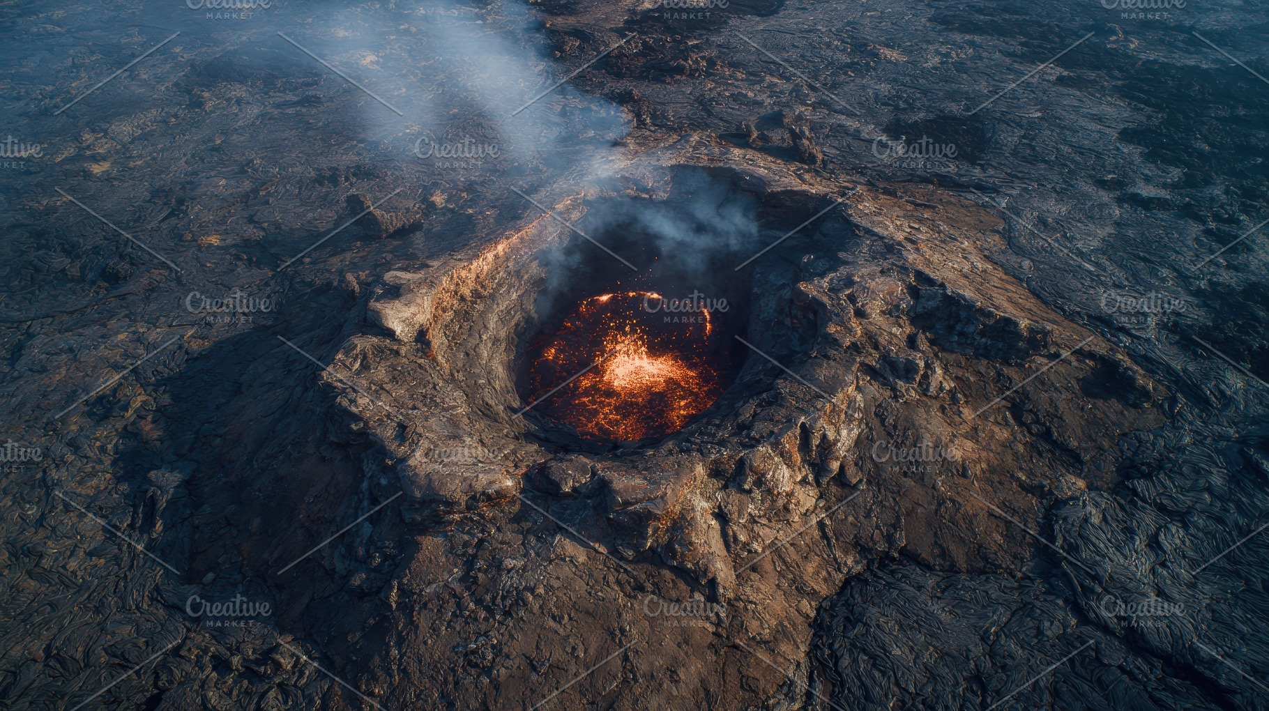 Volcano erupts with lava visible, a Photo by Pavel_design