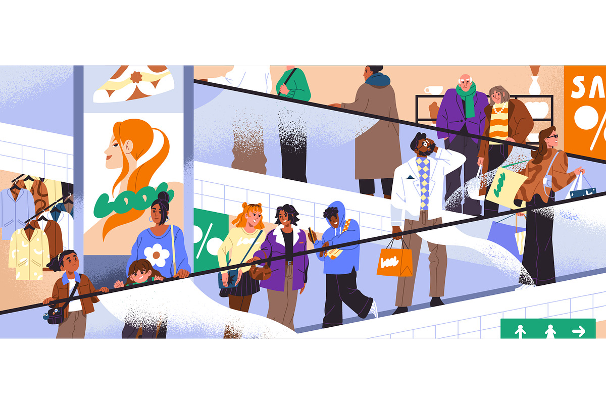 People on escalator in shopping mall, a Person Illustration by PaperTrident (Photo 1 of 3)