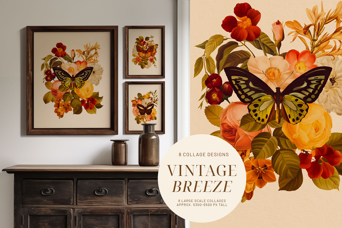 Vintage Breeze Floral Collage Art, a Decorative Illustration