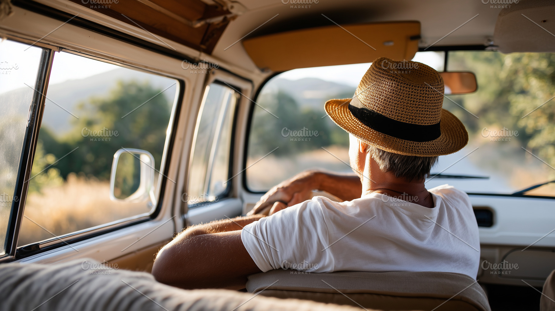 Man in a straw hat relaxing in a van, a Person Photo by MistyDay