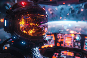 Astronaut In The Cockpit Of A Spaceship. Futuristic Space Backgr