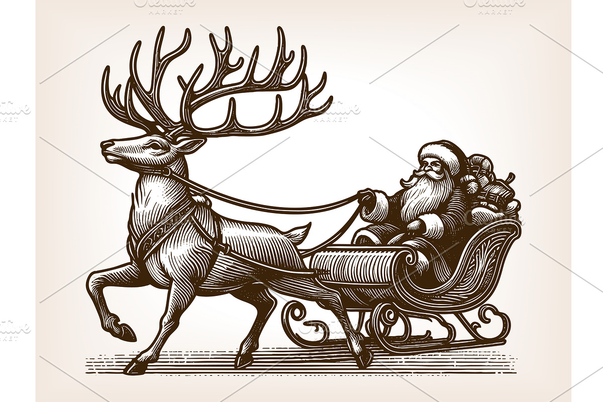 Santa Claus Riding Sleigh Reindeer, an Illustration by AlexArt