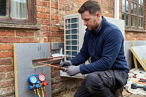 Technician installs copper piping