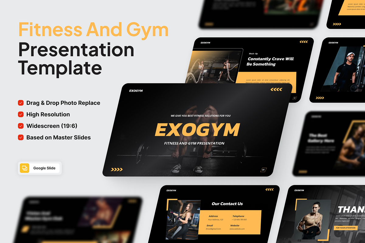 Exogym Fitness And Gym Google Slide, a Presentation Template by SquidPixey (Photo 1 of 6)