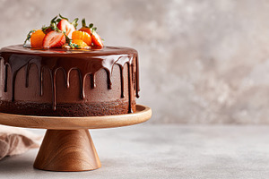 Decadent chocolate cake with fresh fruit topping, a Food & Drink Photo by AlyaAnd