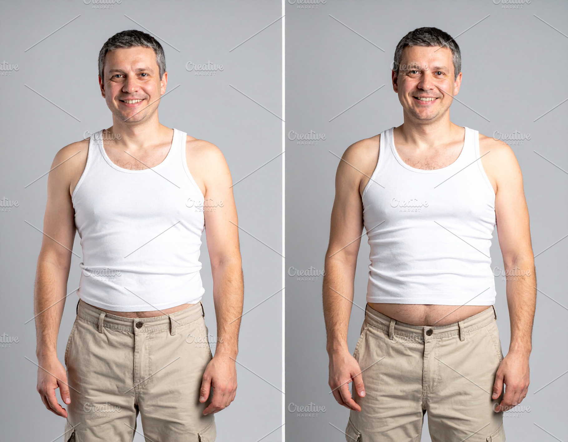 Before-and-after photo of a man showing weight loss progress, a Health & Medical Photo by DanFLCreativo