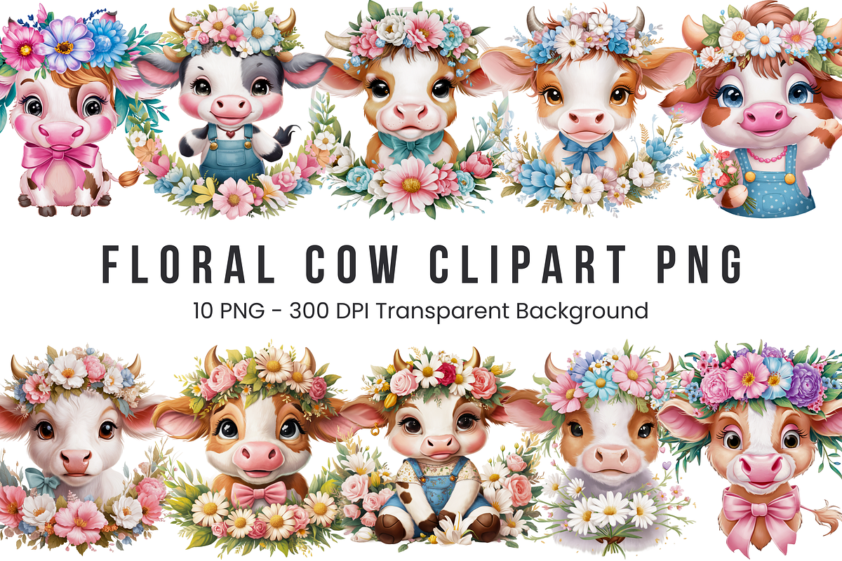 Floral Cow Clipart PNG Bundle, a Graphic by Clipart Bloom (Photo 1 of 12)