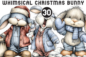 Whimsical Christmas Bunny Clipart, an Illustration by Black Bird Studio
