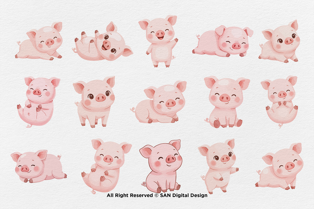 15 Bundle Watercolor Cute Pig Pink, an Animal Illustration by Morspective (Photo 8 of 8)