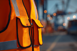 Close-up of a bright orange safety vest hanging in an industrial setting, empha, a Business Photo by ImageMir