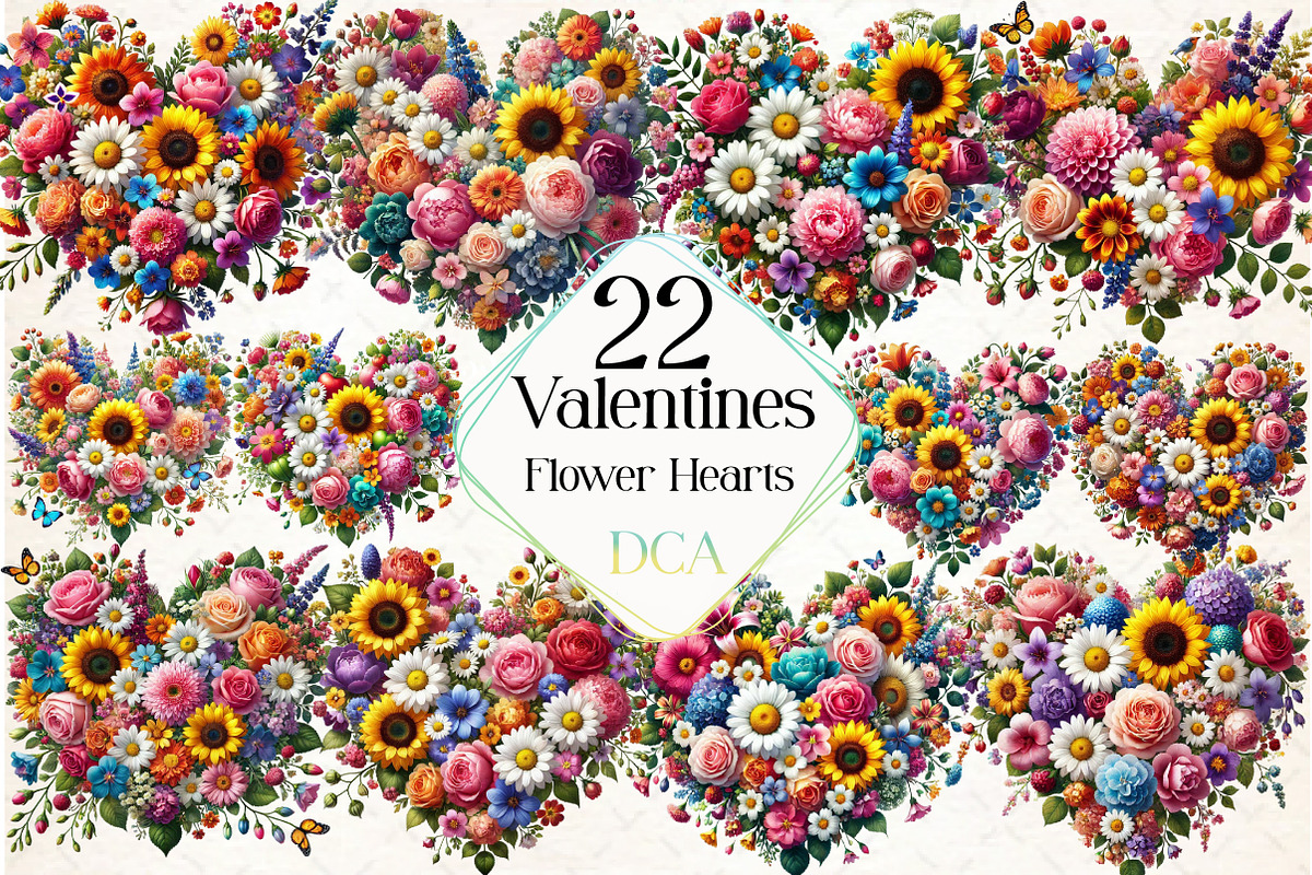 Flower Hearts Valentines Day Clipart, an Illustration by DreamCafeArt (Photo 1 of 5)