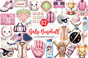 Retro Girly Baseball Clipart, an Illustration by Watercolor design (Thumbnail 1 of 4)
