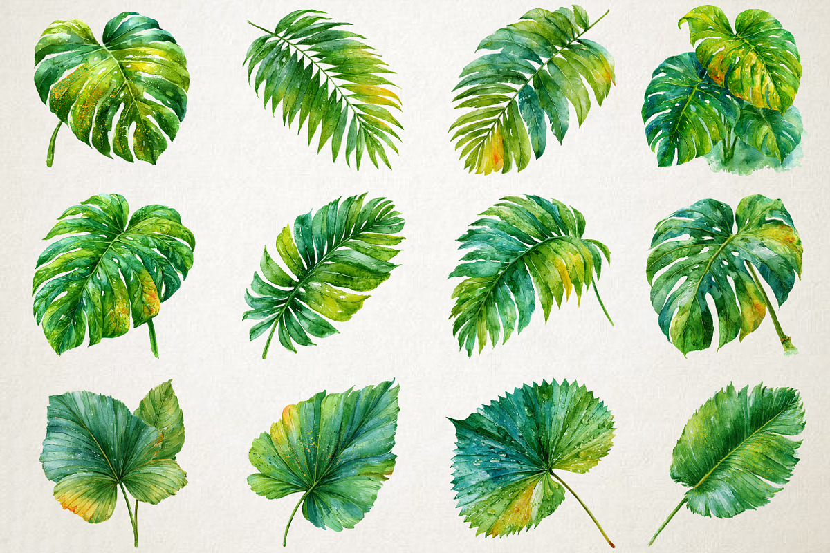 Watercolor Tropical Leaves Clipart, a Seasonal Illustration by RobertsArt (Photo 2 of 7)