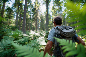 Hiking through a lush forest trail surrounded by ferns and towering trees, a Photo by AlyaAnd