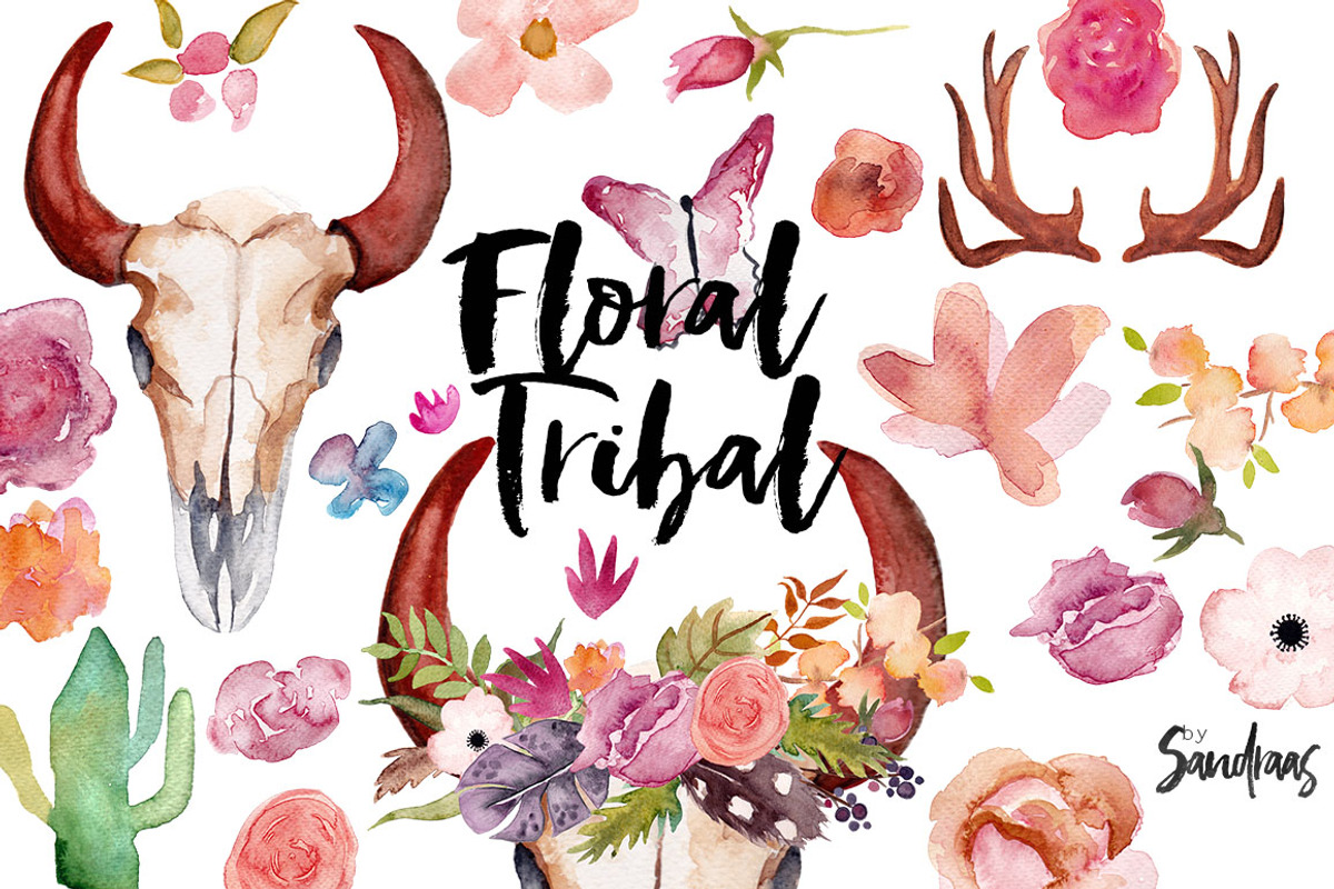 Floral tribal clip art, hand painted, an Illustration by SandraGraphicDesign (Photo 4 of 5)