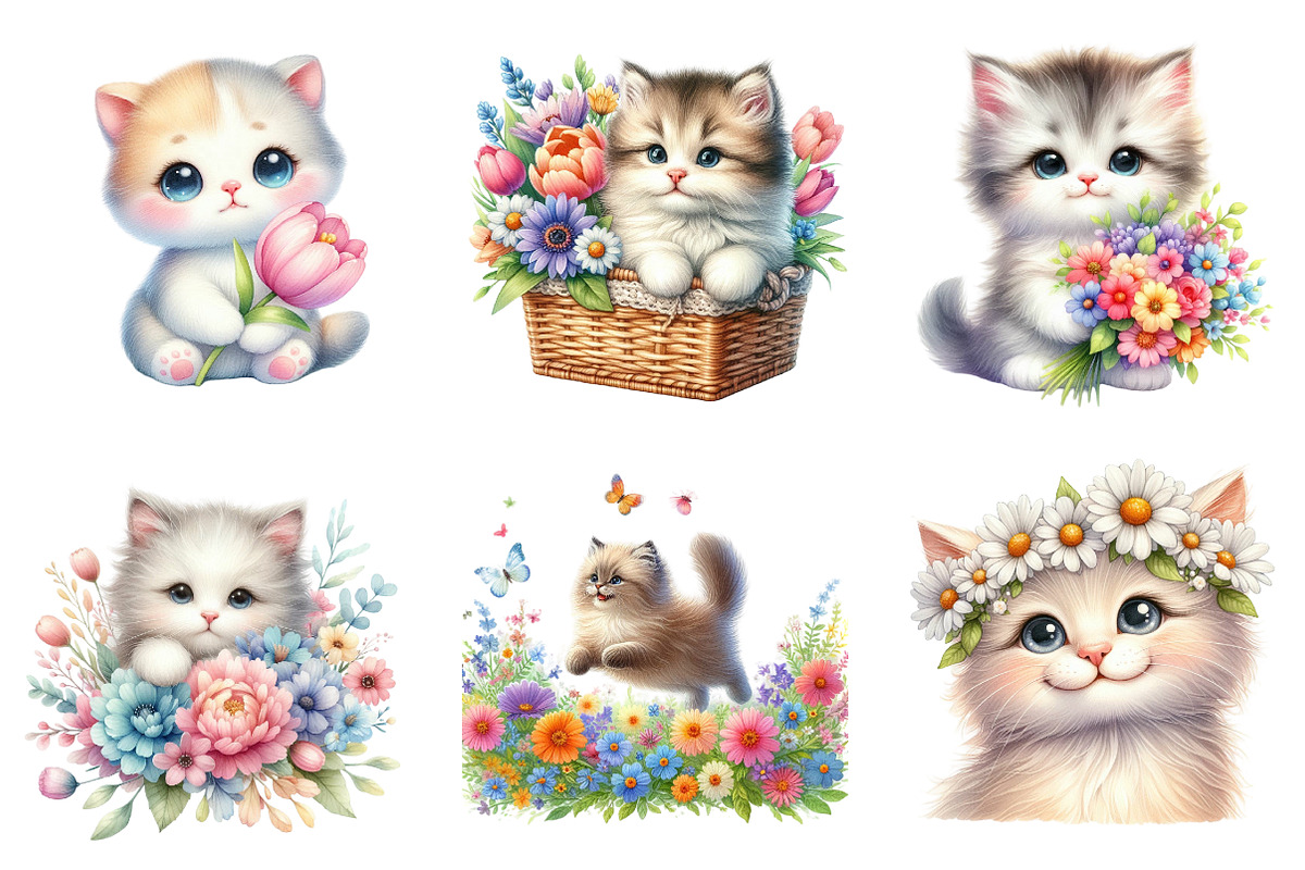 Watercolor Spring Cute Cat Clipart, an Illustration by Dream Creation (Photo 3 of 6)