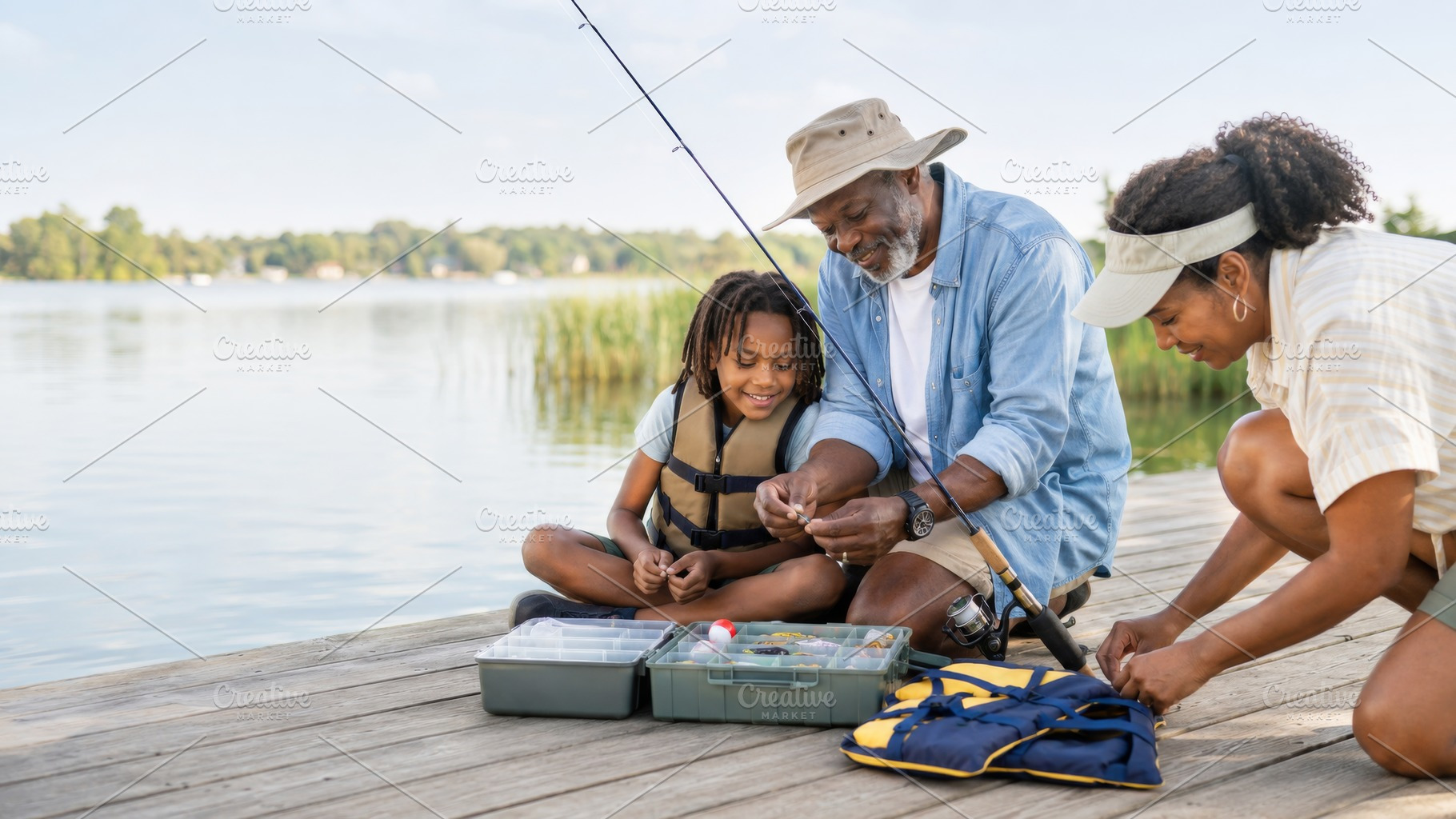 Family fishing trip on lakeside dock, a Photo by Dvoevnore photos