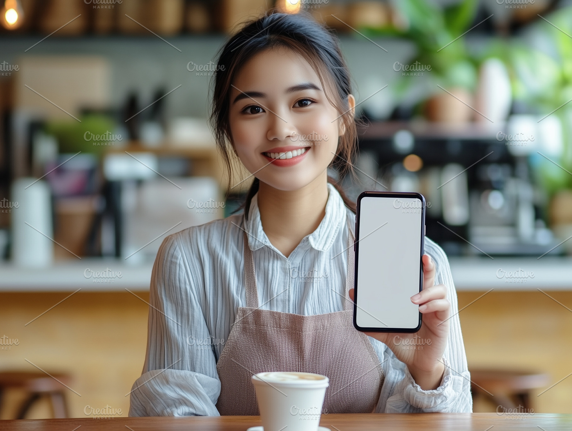 Smiling asian female barista holds, a Person Photo by MistyDay