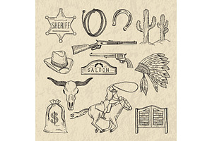 Monochrome Hand Drawn Illustrations Of Different Wild West Symbols. Western Pictures Set Isolate