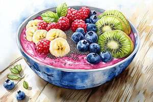 A colorful smoothie bowl topped with organic fruits berries, kiwi, banana, chia, a Food Illustration by Textures & Backgrounds